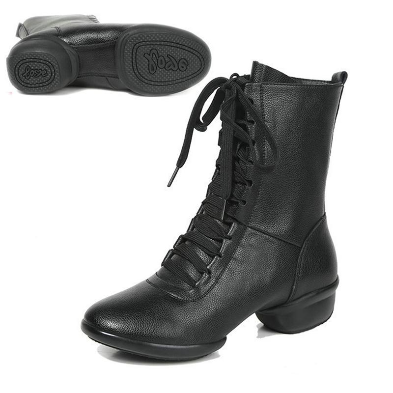 Leather Jazz Dance Sneakers Women High Top Dance Boots Soft Sole Latin Dance Shoes Modern Dance 34 чёрный
