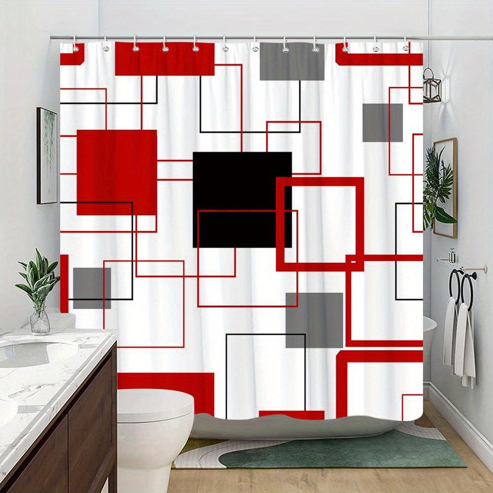 Modern Geometric Shower Curtain 180X180Cm – Red Black Gray Interlocking Shapes On White, Minimalist Bathroom Decor, 12 Hooks
