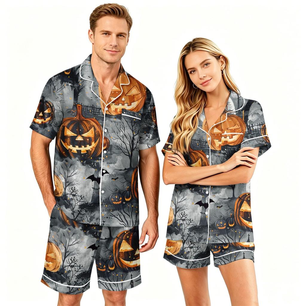 Couple Halloween Pajama Set Short Sleeve Button Down Shirt with Shorts Casual Soft Sleepwear S-XXXXL Matching Loungewear Set