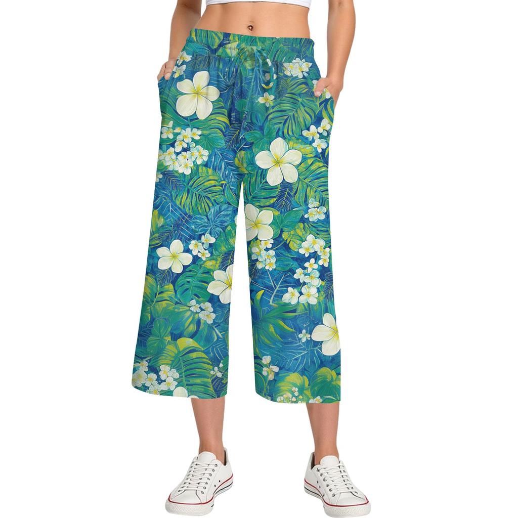 Damen Sommer Hohe Taille Bedruckte Freizeit-Sportbekleidung Lässige Cropped-Hose Weite Hose