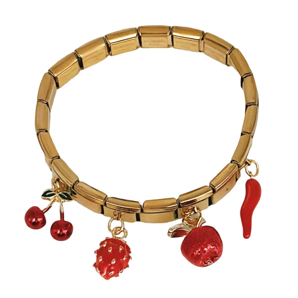 Colorful Pendant Bracelet with Apples and Chili Charm Stainless Steel Bangle for Women and Girls Fashion Accessory