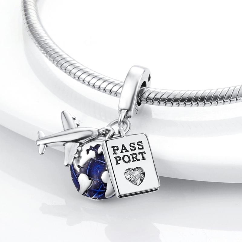 Original 925 Sterling Silver Charms Earth Passport Airplane Globe Compass Pendant Earrings Bracelet For Women Jewelry Set Gift