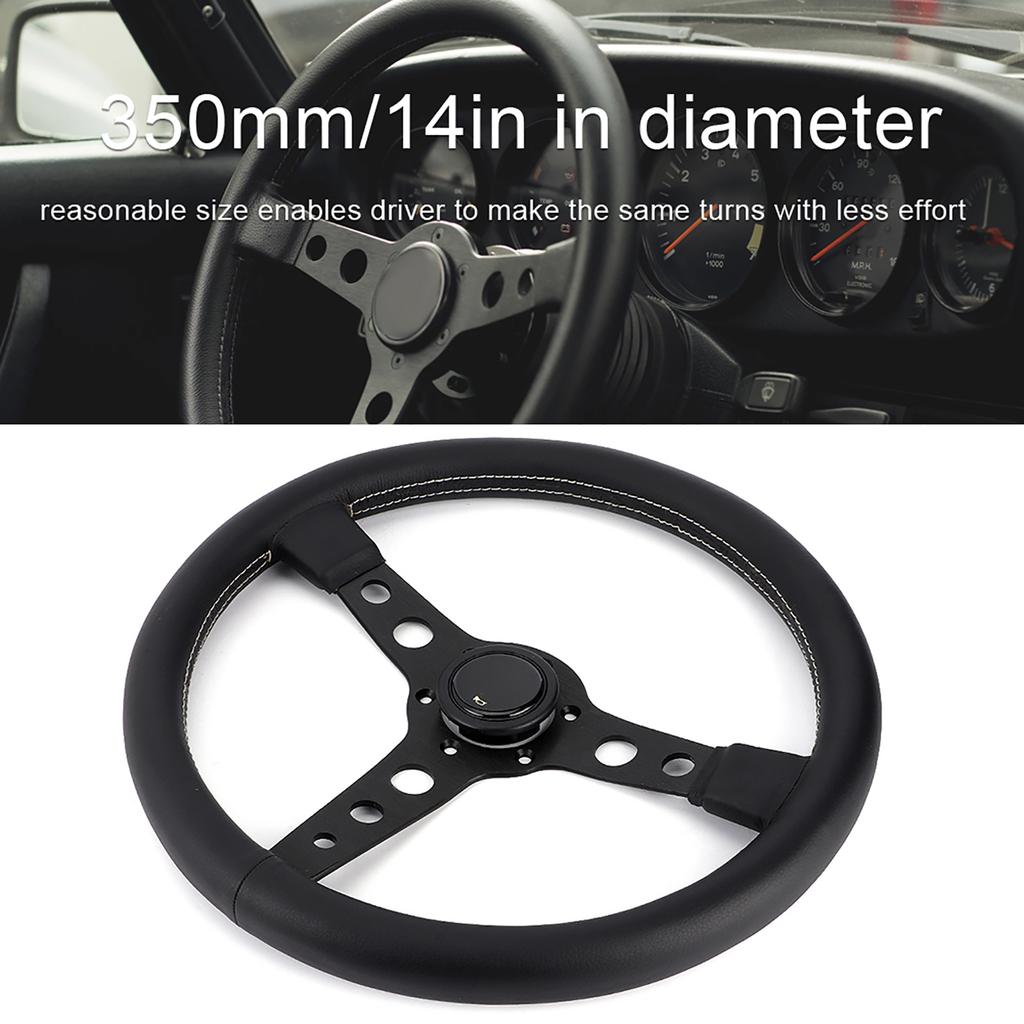 350mm 14in for MOMO Prototipo Style 6‑Bolt Black Leather Racing Steering Wheel Gray Stitching with Horn Button