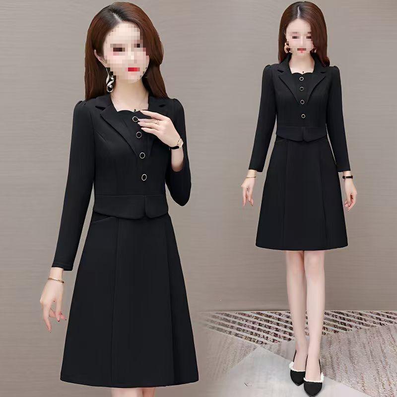 Spring Stylish Buttoned Lapel Dress for Middle-Aged Women: Elegant A-line Midi Skirt, Fake Two-Piece Design