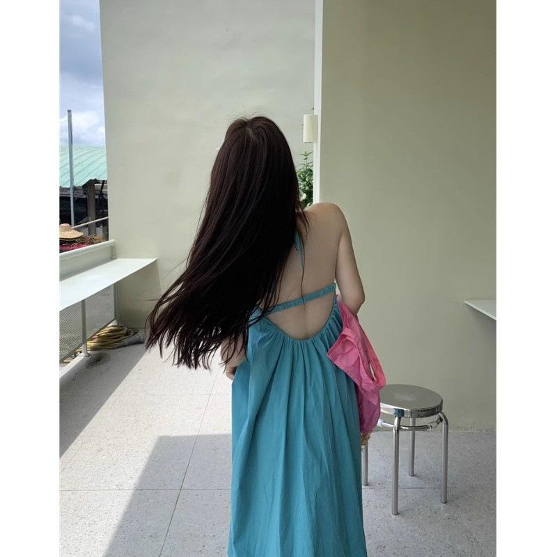 Seaside vacation style white suspender dress women's summer sexy backless loose and thin beach neck long skirt