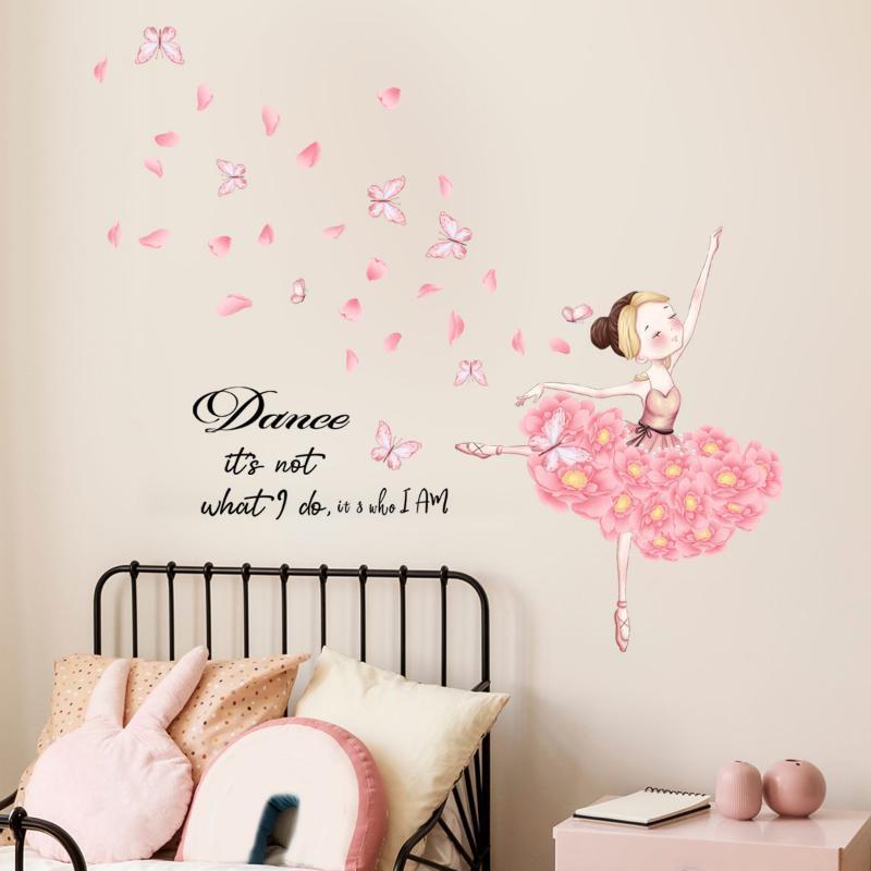 Dancing Girl Pink Butterfly Wall Sticker Living Room Decoration Wall Sticker Self Adhesive Wall Sticker