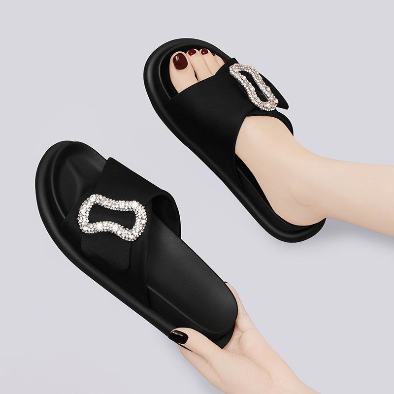 One-word Drag Women's Summer New Versatile Rhinestone Cross Platform Slippers Wear Lazy Beach Cool Slippers