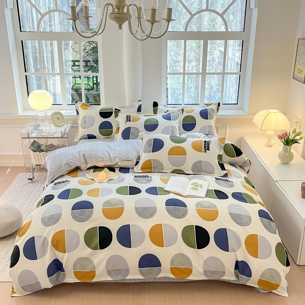 small fresh pure cotton abraded four-piece set, skin-friendly bed sheet washed cotton quilt cover, dormitory three-piece set