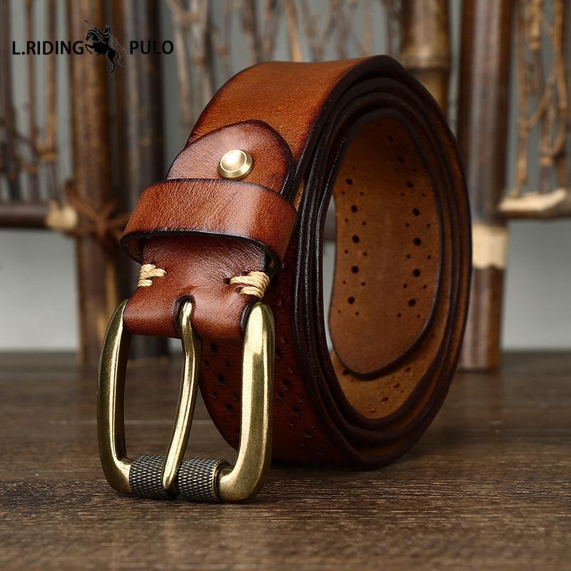 New Retro Fashion Personality Trend All-match Hollow First Layer Cowhide Pin Buckle Belt Men's Leather Jeans Belt