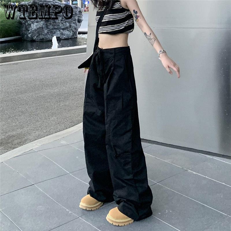 WTEMPO Women's Straight Cargo Pants High Waist American Streetwear Vintage Pants Chic Design Casual Ladies Wide Leg Cargo Trousers