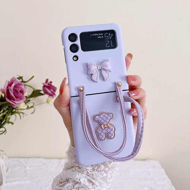 For Samsung Galaxy Z Flip 4 3 5g Cover Fashion Korean 3d Bear Bow -Knot Hand Strap Portable Lanyard Hard Pc Shell For Z Flip3 Bag