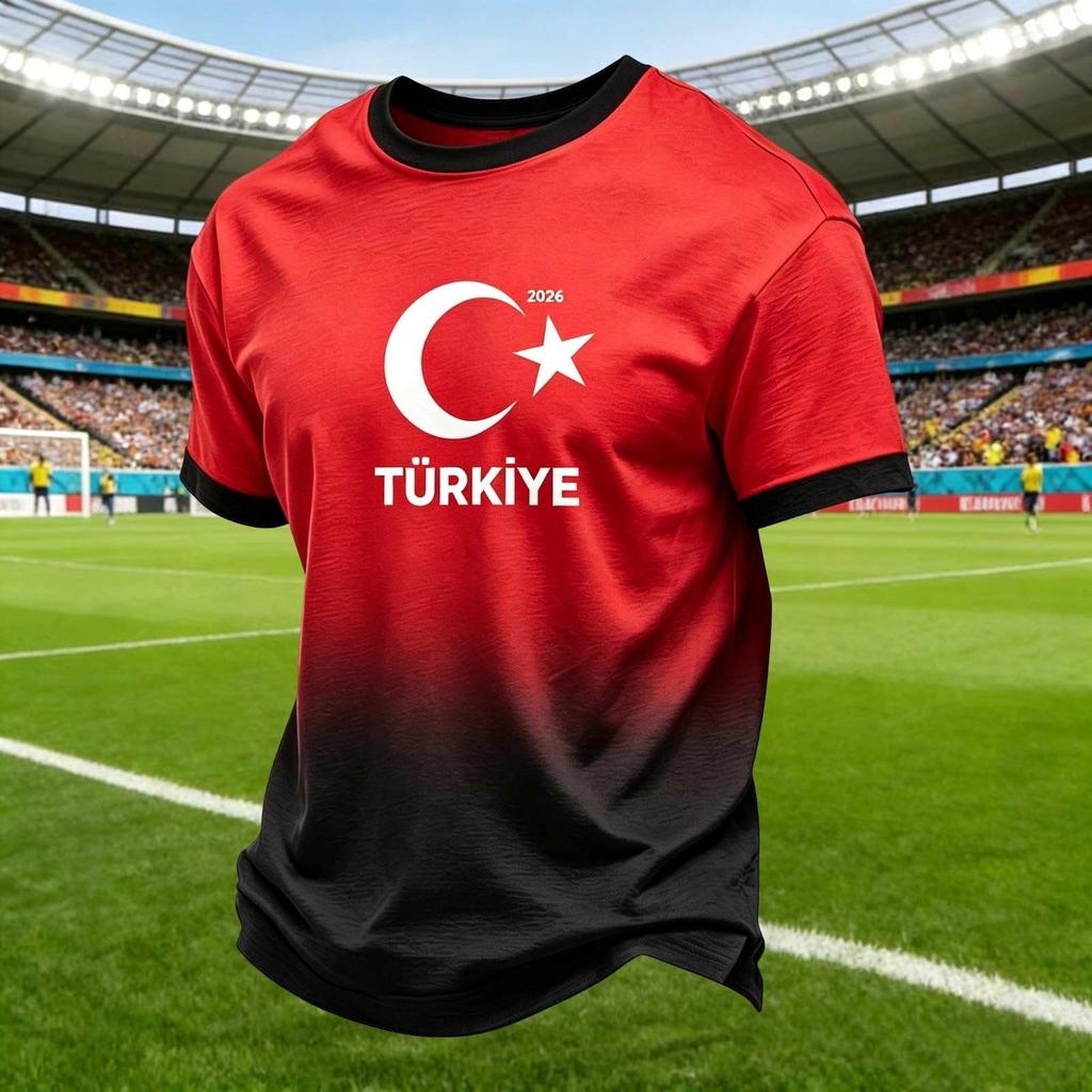Men's Casual Crew Neck Short Sleeve Pullover T-Shirt Football Fan Top Turkey National Team Inspired Design Comfortable Fit