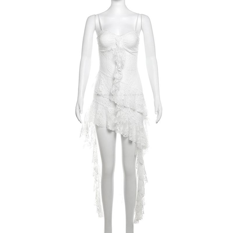 2024 Summer Women's Hollow Lace Irregular Hem Dress - European & American Sexy Chic