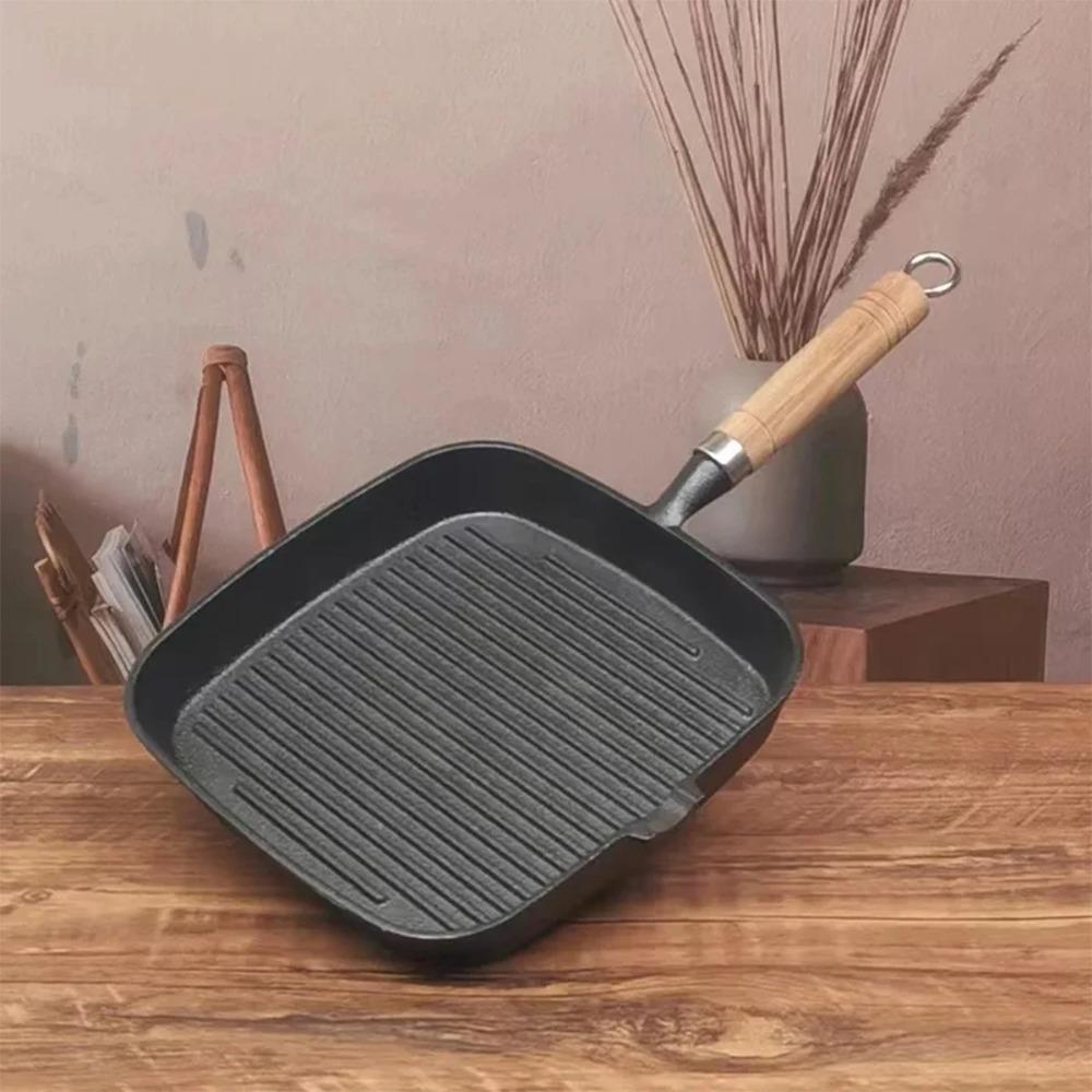 Stekpanna för biff i gjutjärn, Obehandlad och non-stick, Hushållsrandig 24 cm Specialpanna för stekning av nötköttsbiff, Pann med platt botten