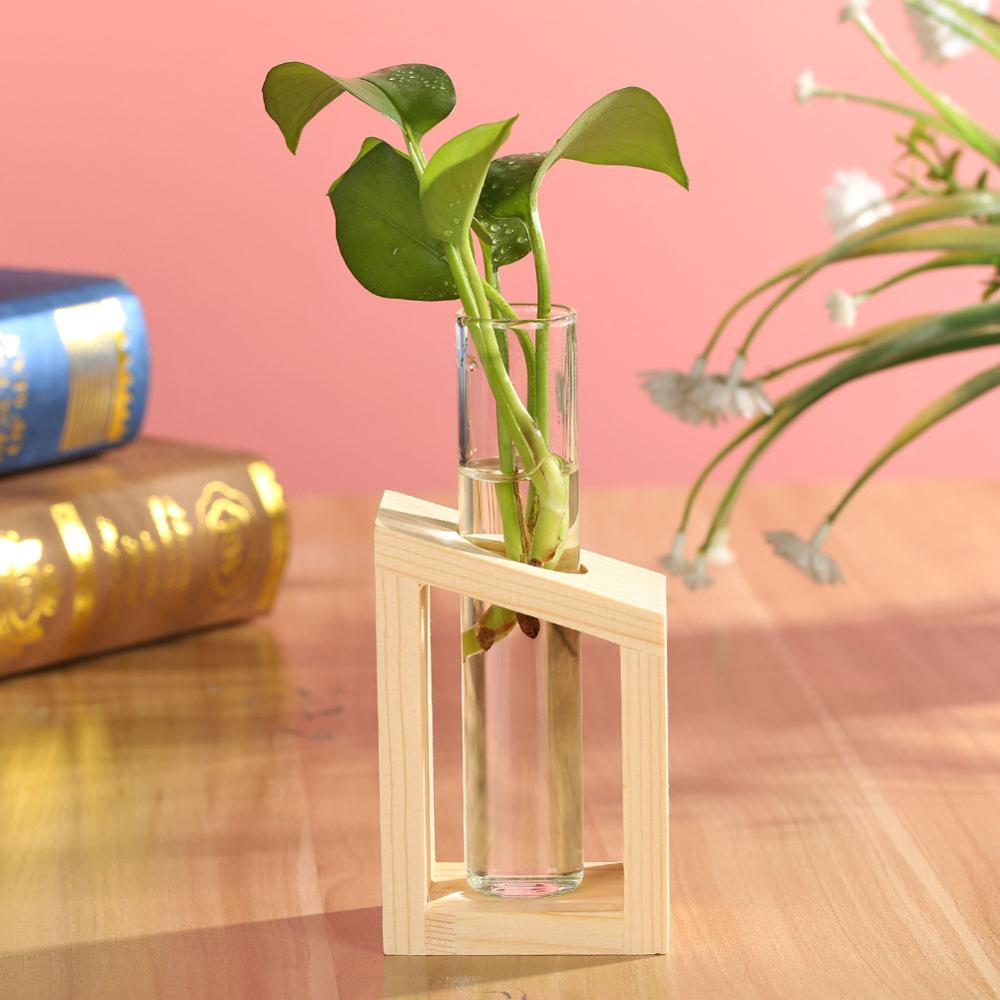 Glass and Wood Vase Planter Terrarium Table Desktop Hydroponics Tray Home Decor Plant Bonsai Flower Pot Hanging Pots with Wooden