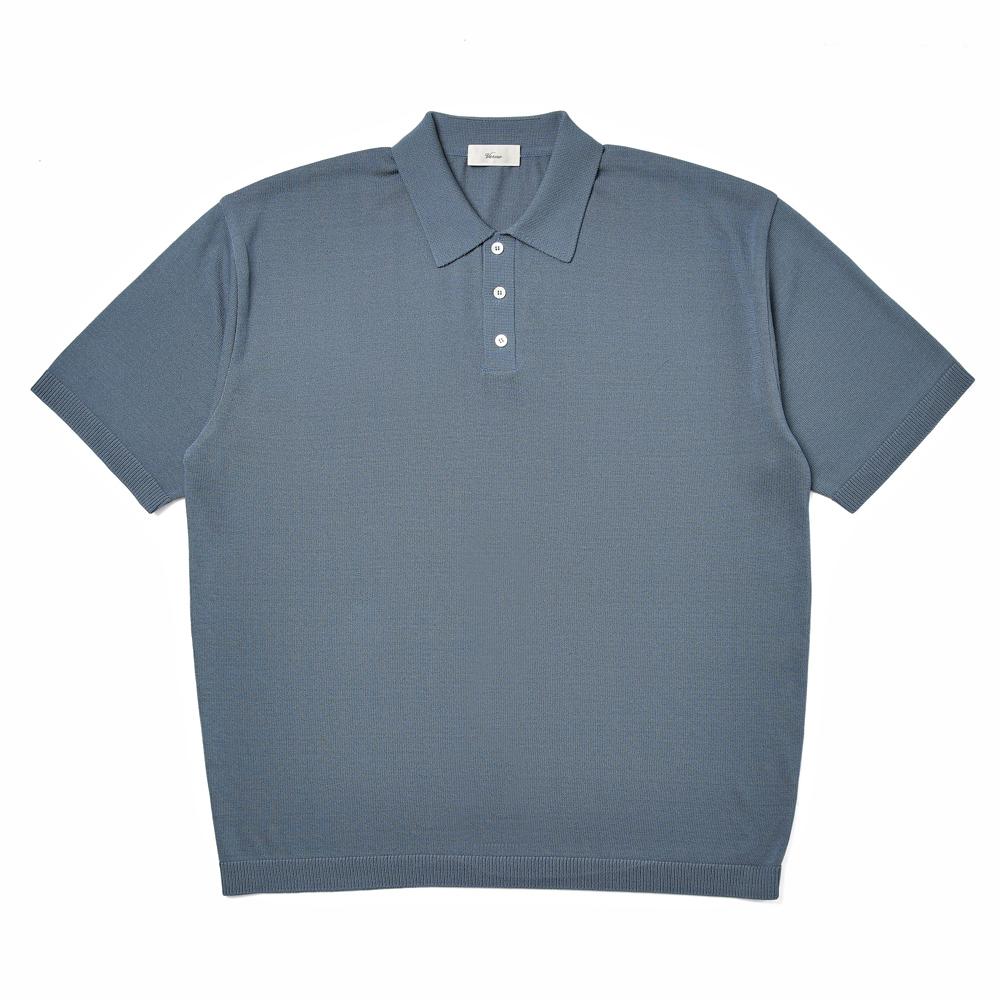 Berno [Casual]Linen Like Button Polo Knit Blue L