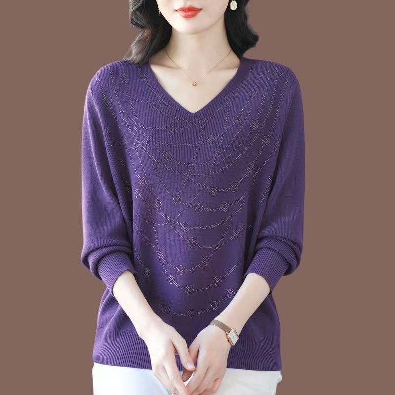 Maglione da donna con scollo a V Primavera Autunno Manica Lunga Ampio Morbido Delicato sulla Pelle Top a Maglia Pullover a Maglia con Strass