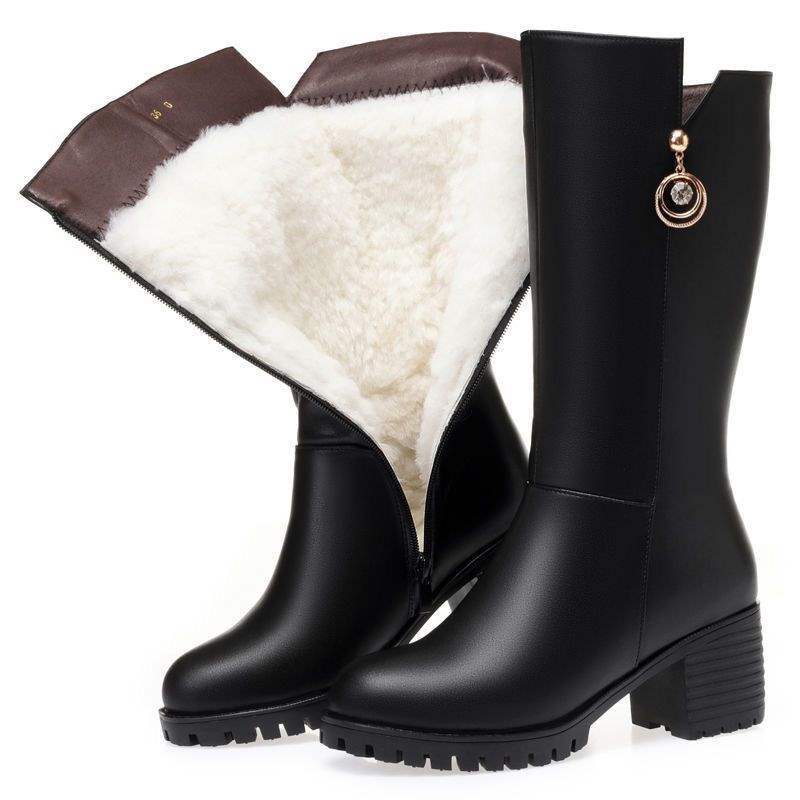 Soft Leather Boots Women's Boots Winter Fleece Cotton Boots Thickened Cotton Hair Tall Heel Women's Boots Mom Medium Boots