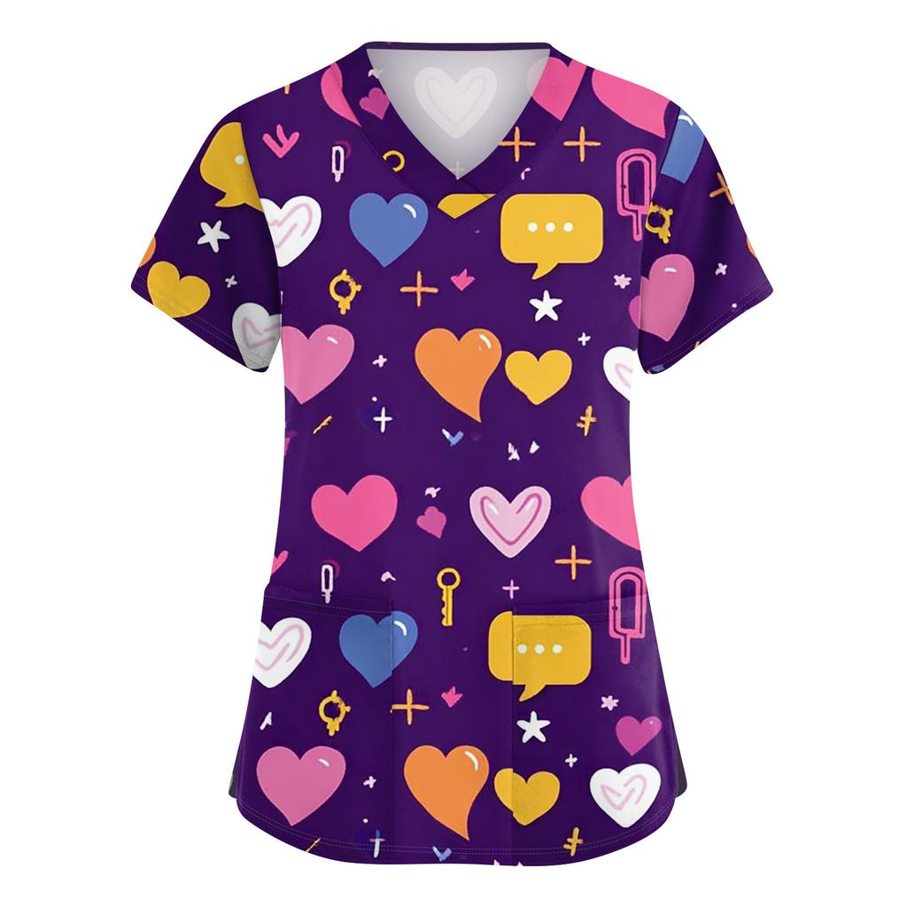 Modisches Damen-Arbeitsoberteil mit V-Ausschnitt und kurzen Ärmeln, Seitenschlitzen, Taschen und verziert mit Valentinstag-Herzelementen und Herzprints.
