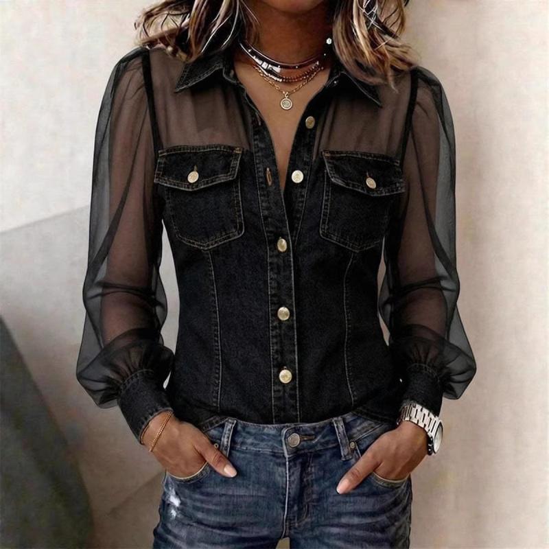 Spring New Women's Fashion Casual Faux Denim Patchwork Chiffon Long-sleeve Top