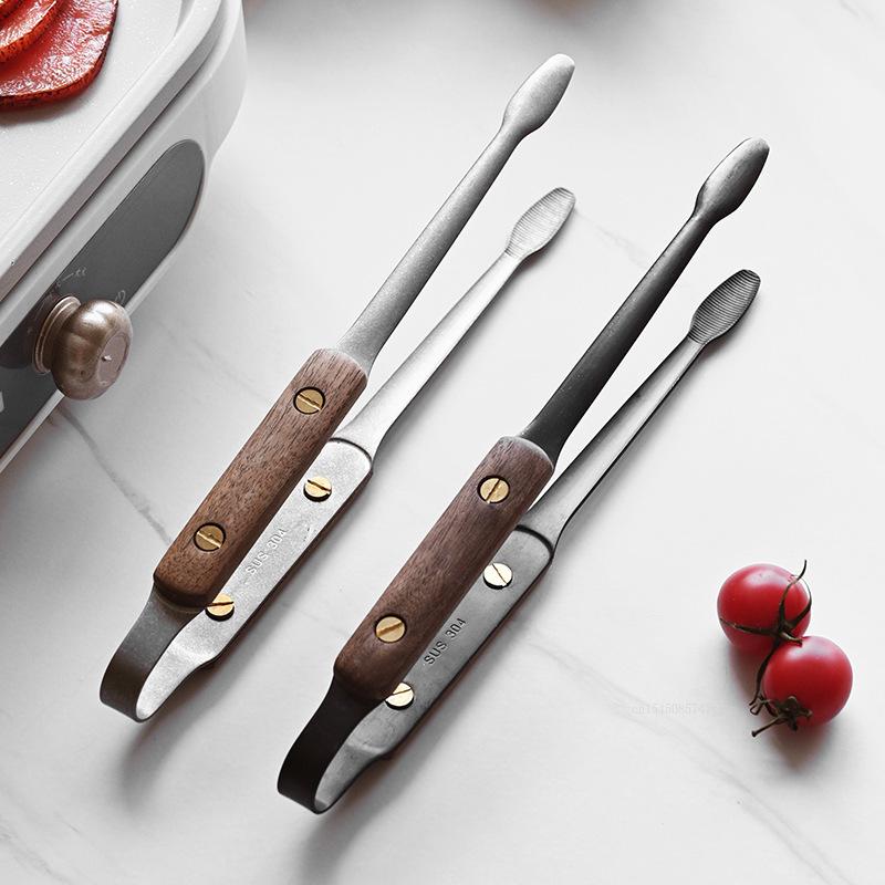 Walnut Stainless Steel Food Anti-scalding Food Clip Food Tongs Meat Salad Bread Serving Tongs for Barbecue Cooking Utensils