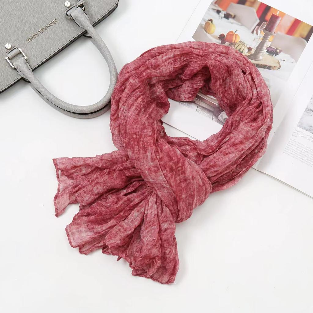 Solid Green Cotton Linen Vintage Pleated Scarf Shawl Autumn Winter Unisex Thin Long Neck Wrap Warmth Breathable Lightweight