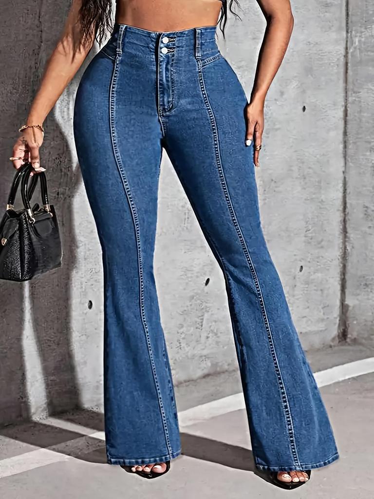 Women's High-Waisted Patchwork Flared Stretch Jeans - Spring/Autumn