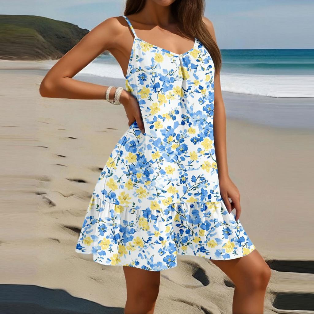 Women's Fashion Casual Sleeveless Round Neck Loose Floral Print Beach Dress