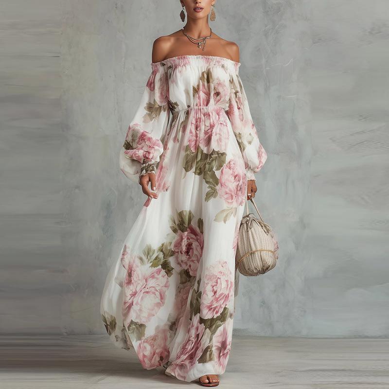 European & American 2026 Fashion Print One-Shoulder Lantern Sleeve Elegant Dress