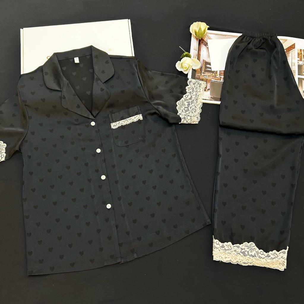 Xiaohongshu Style Women's Ice Silk Lace Cardigan Pajamas Set – Short Sleeve, Long Pants, Suitable for Summer Home or Outdoor Wear
