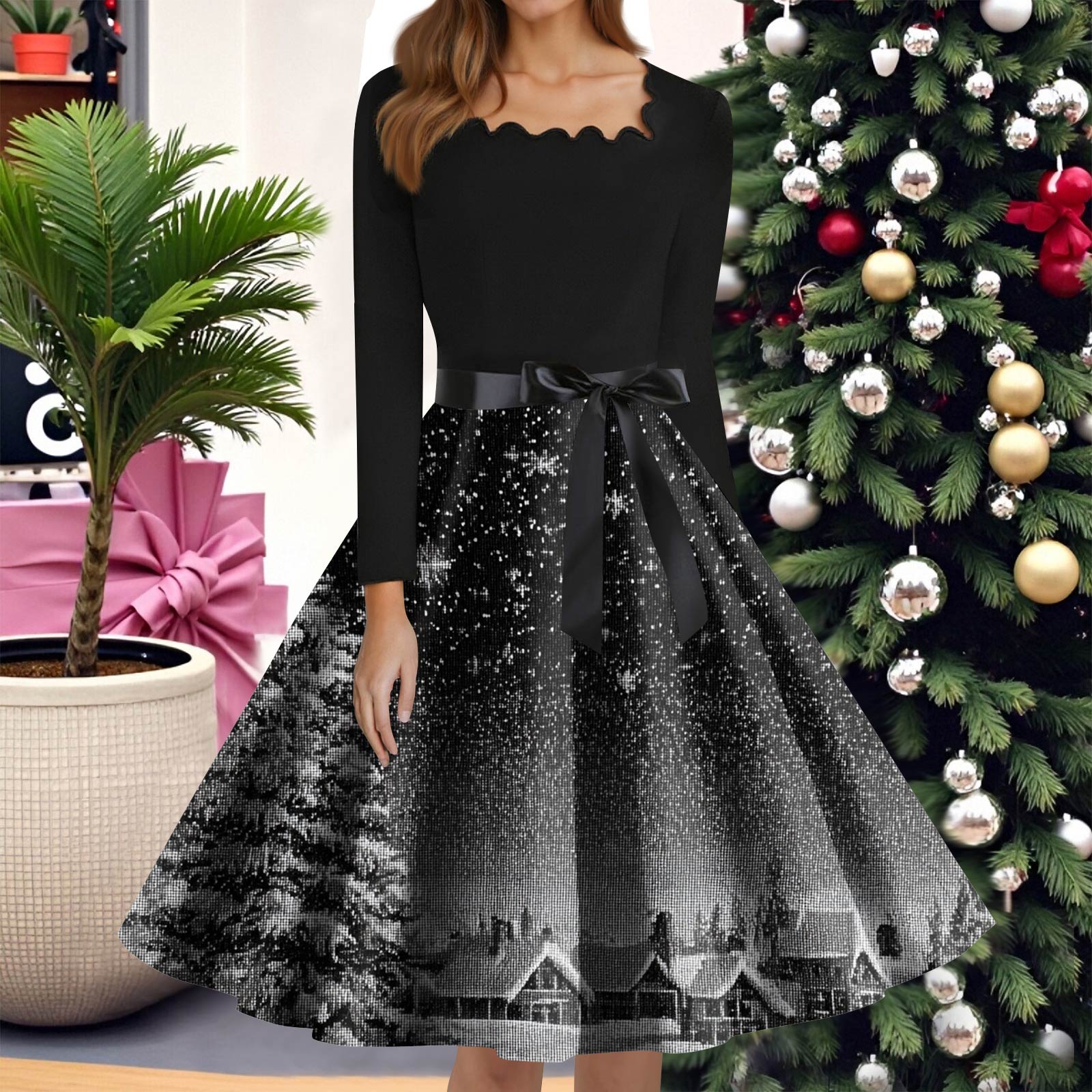 

Женская мода с круглым вырезом, повседневные тонкие рождественские платья с длинным рукавом и принтом XL