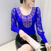 Spring Autumn European Clothes Women's T-Shirt Sexy Lace Long Sleeve Mesh Tops Chic Vintage Luxury Hot Diamonds Tees Shirts