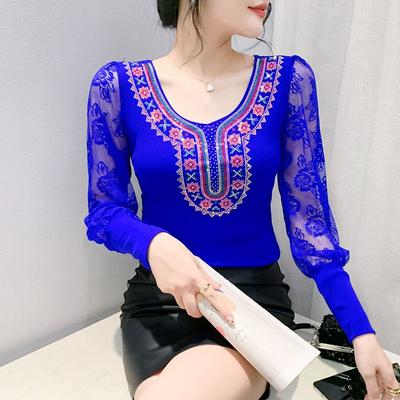 Wiosna Jesień Europejskie Ubrania Damski T-Shirt Seksowna Koronka Długi Rękaw Siateczkowe Topy Szykowny Vintage Luksusowy Gorące Diamenty Koszulki