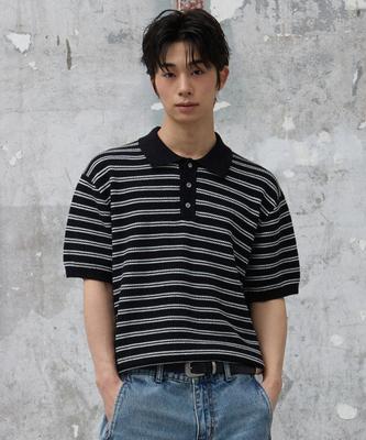 AGOD Collar Button Stripe Half Knit [Black]