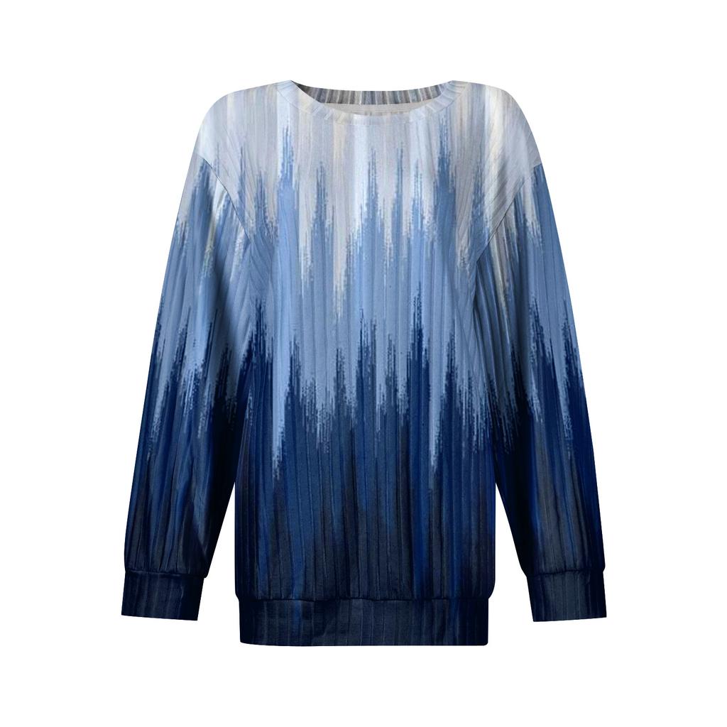 Women's Winter Color-Block Printed Lightweight Brushed-Cotton Round Neck Top