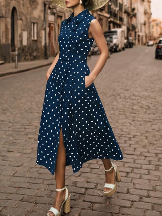 European Sleeveless Polka Dot Retro Dress with Lapel and Faux Button Lace-up Design