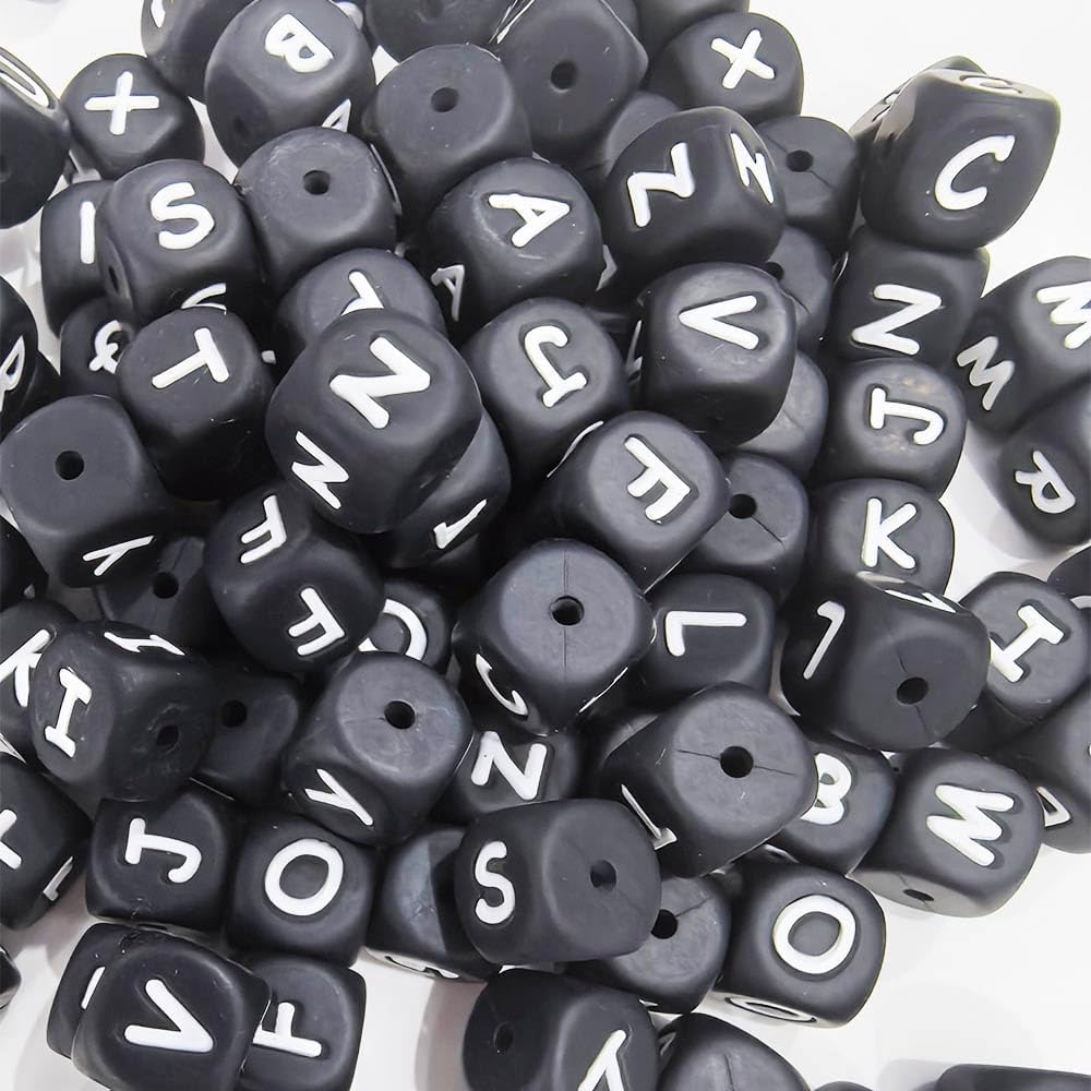 BetterJonny 105-Piece Silicone Alphabet A-Z Letter Beads, 12mm Square, Black, for Necklaces, DIY Bracelets, Crafts, and Jewelry Making, with String