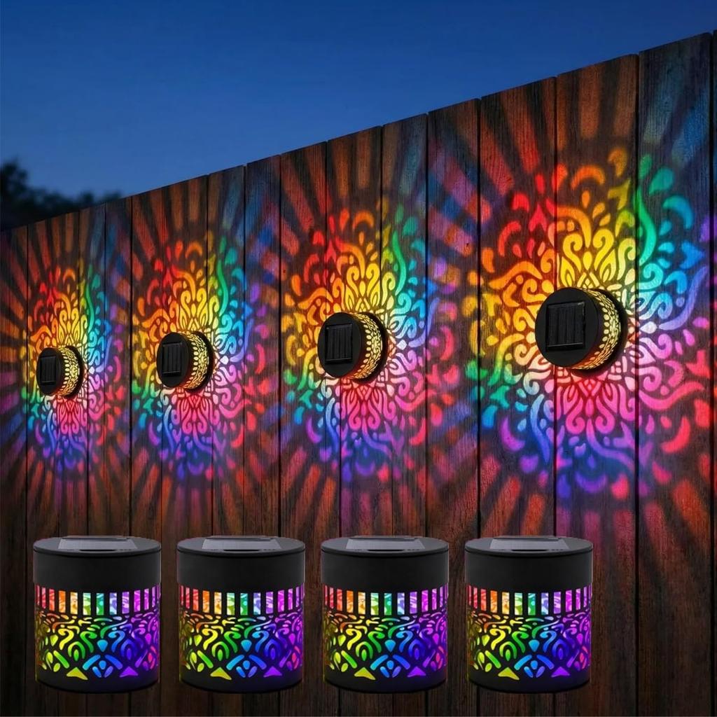 Seven‑Color Solar Mandala Wall Lights Outdoor Decorative Projection Lamp, Waterproof Metal Fence Light For Yard Garden Patio Backyard Post