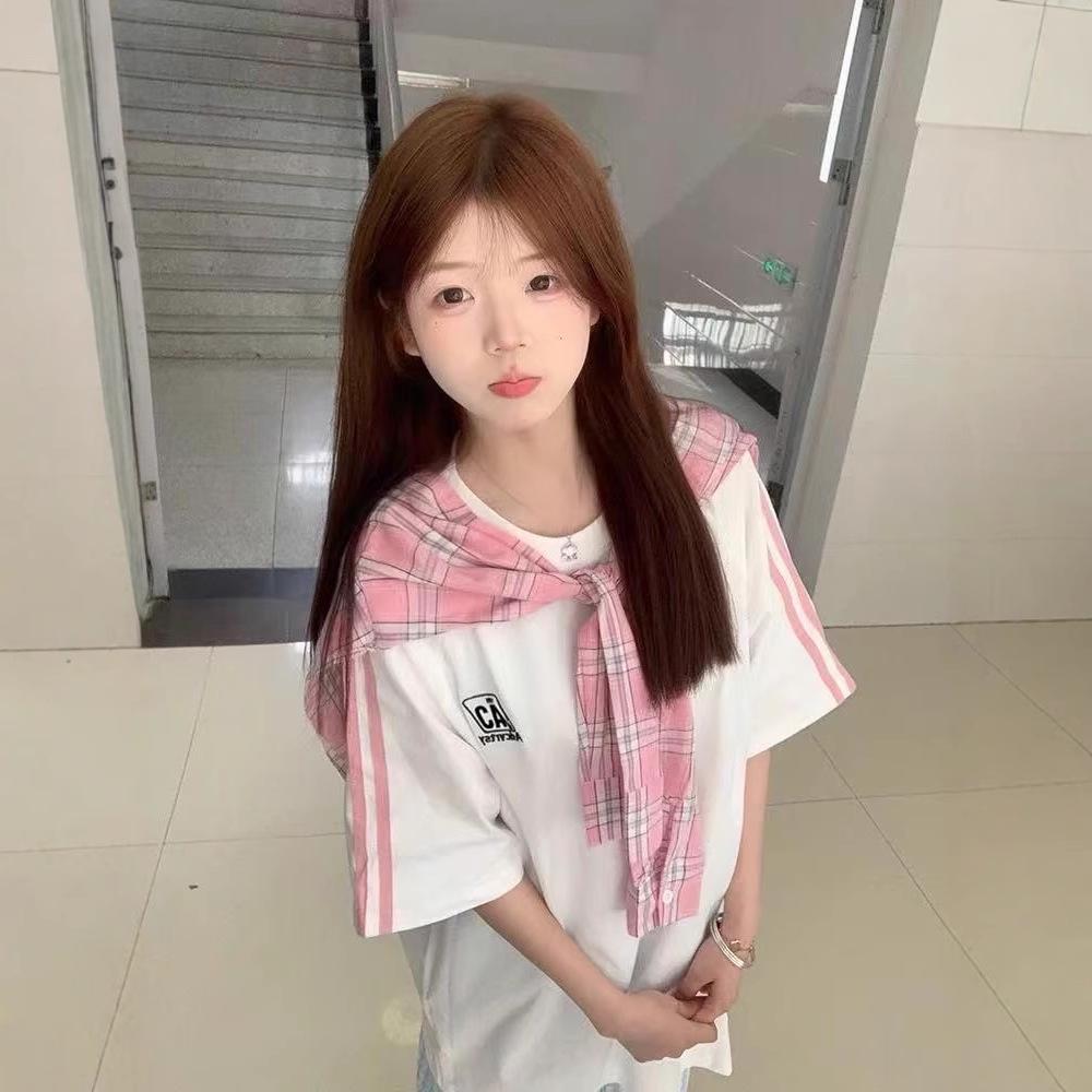 

Plaid College Style Cotton Short Sleeve Women s T-Shirt – Loose Spring/Summer Sweet Cool Top. L білий