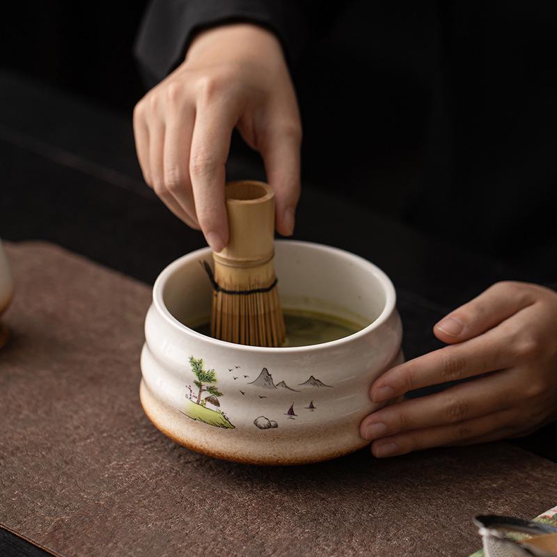 Japanese Ceramic Matcha Tea Set: Large Bowl, Whisk, Sieve, and Bamboo Whisk - 8 Pieces