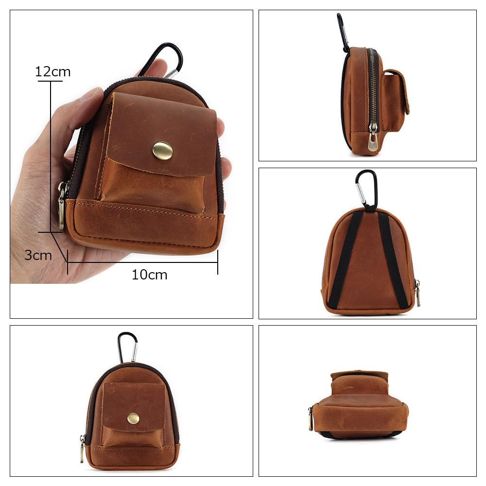 Whatna Natural Thick Cowhide Leather Coin Purse Coin Case Mini Sacoche Carabiner Pouch Belt Loop Mini Waist Bag Pouch Genuine Leather Earphone Storage