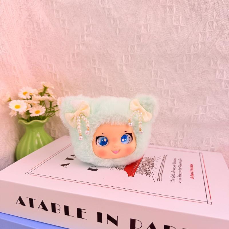 Cute Fluffy Plush Doll Pendant with Elegant Pearl Bow Cartoon Face Soft Ornament for Backpack Holiday Gift