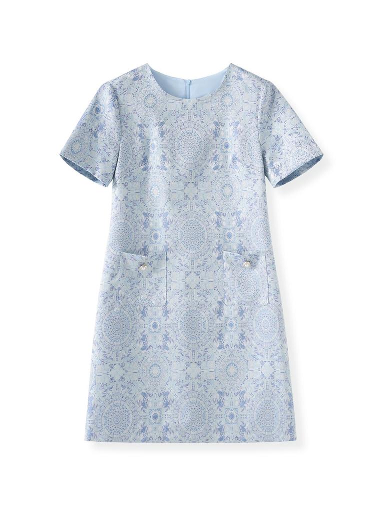 Chinese Gold Silk Jacquard A-Line Dress: Elegant Short Sleeve, Slimming, High Quality Women's Summer Style