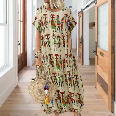Women's Summer Casual Maxi Dress Loose Short Sleeve Crew Neck Long Dress Beach Ethnic Printed Sundresses