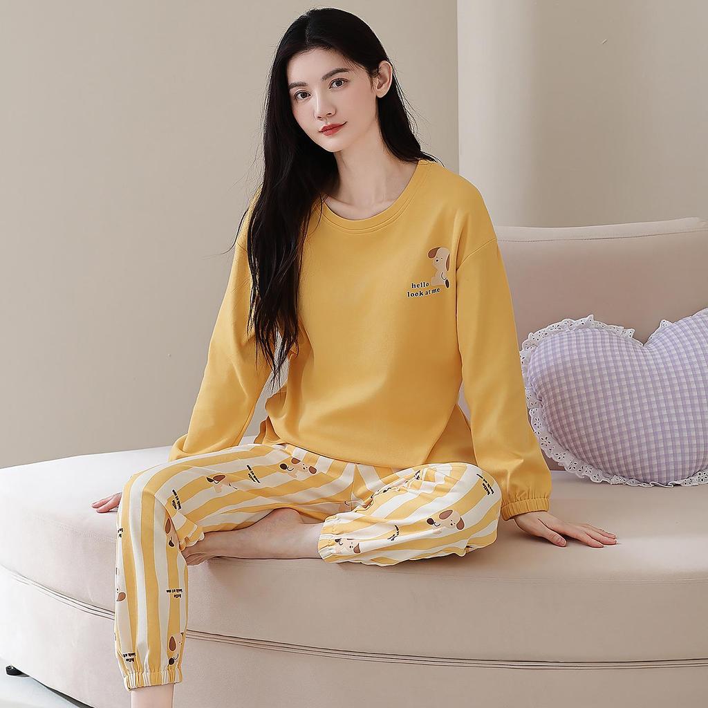 100% Cotton Women's Pajama Set – Breathable, Sweat-Absorbent, Long Sleeve Crew Neck for Indoor & Outdoor Wear (Autumn/Winter)