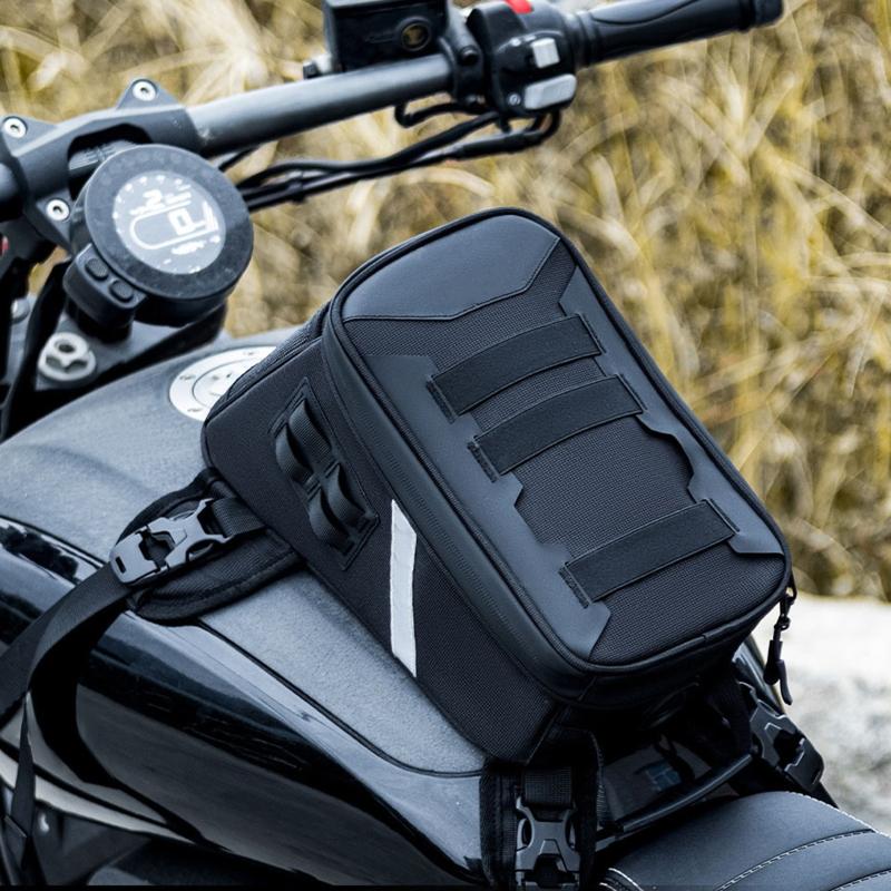 Motorcycle Tank Storage Bag, 5L Polyester Fabric Pouch with Buckle Strap Mounting, Top Opening Access and Carry Along Use for Road Travel Stops