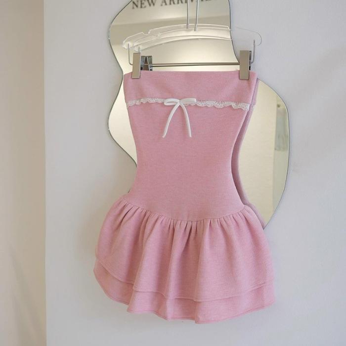 Sweet and salty age-reducing lace edge bow tube top dress women's waist and thin hot girl tutu