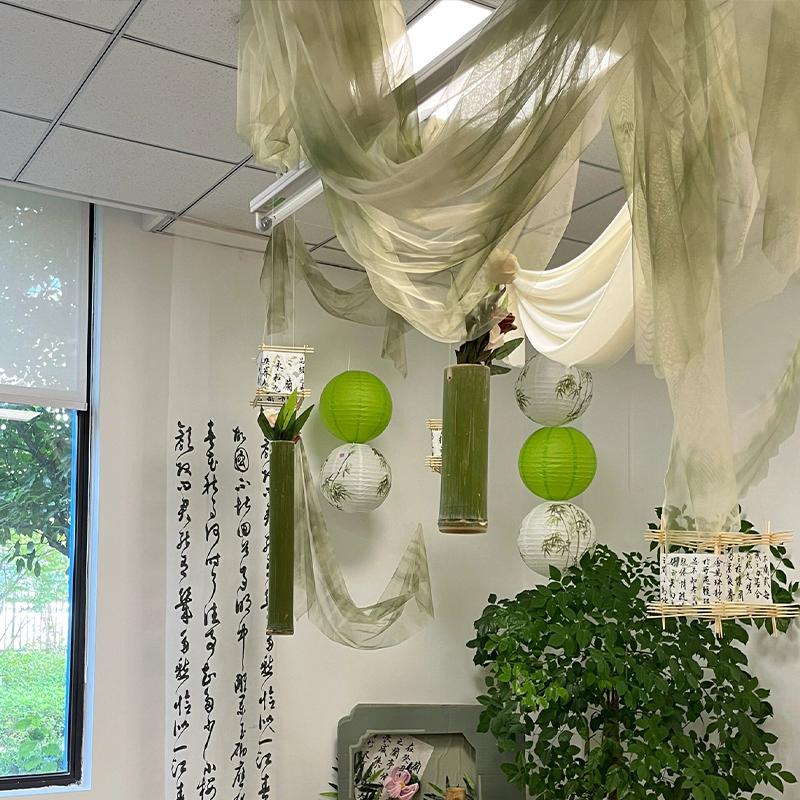 Green Chinese Gauze Cloth Background Decoration Gradient Texture Ink Ancient Style Pavilion Gauze Curtain Mesh Fabric Veil
