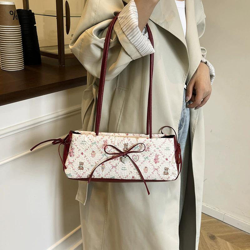 Fashion Sweet Bow Shoulder Bag Cartoon Print Underarm Bag Female Tote Bag Versatile Large Capacity Commuter Handbag KTB