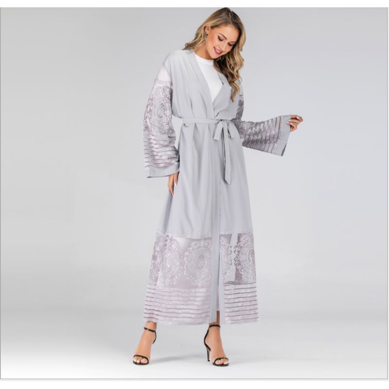 Fashion Women's Embroidered Mesh Cardigan Dubai Robe Dress